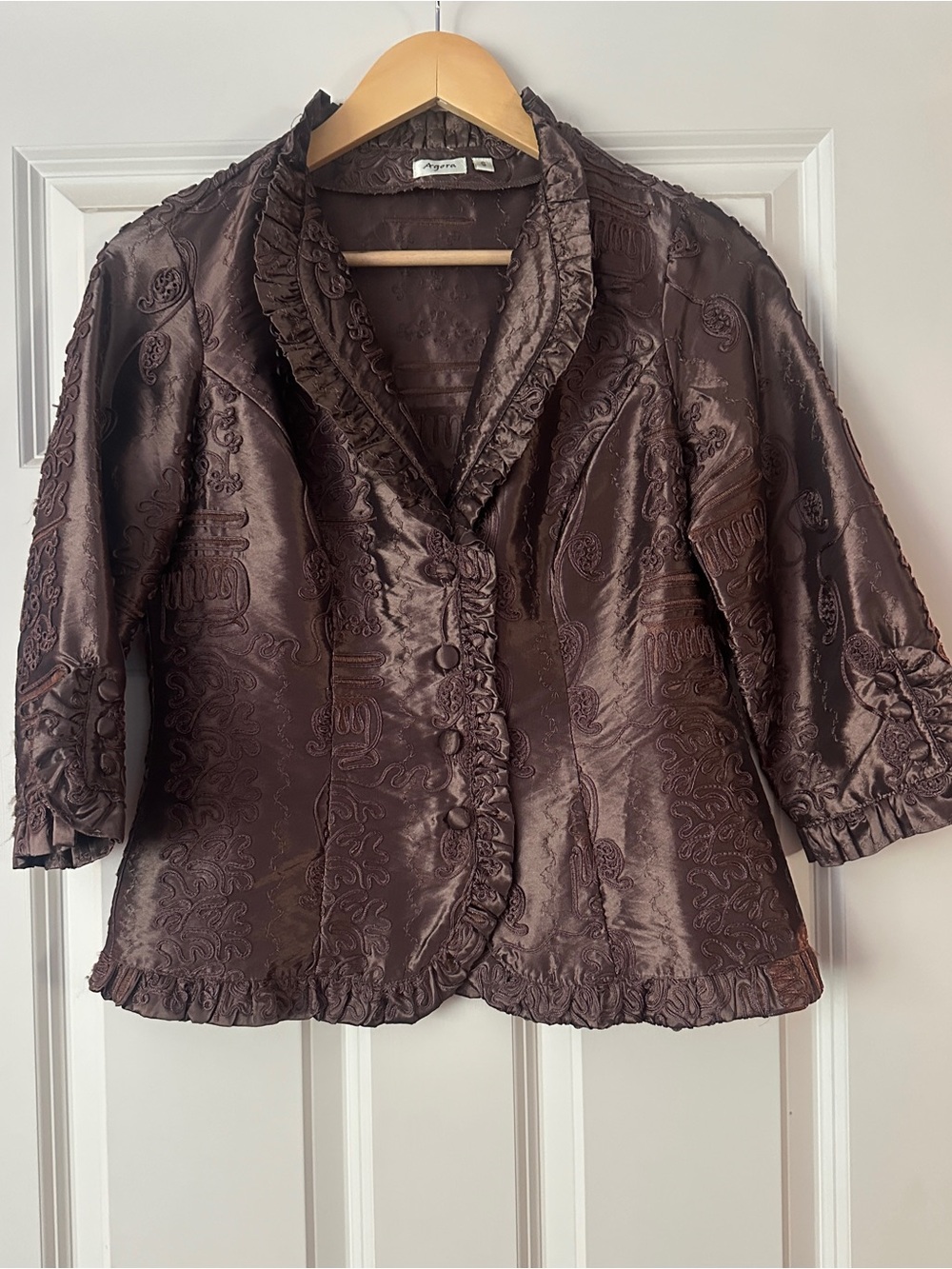 Agora Brown Satin Ruffled Jacquard Blazer